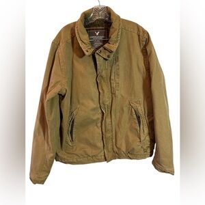 American Eagle Jacket Mens Large Khaki Faux Fur Sherpa Lined Full Zip Canva VTG